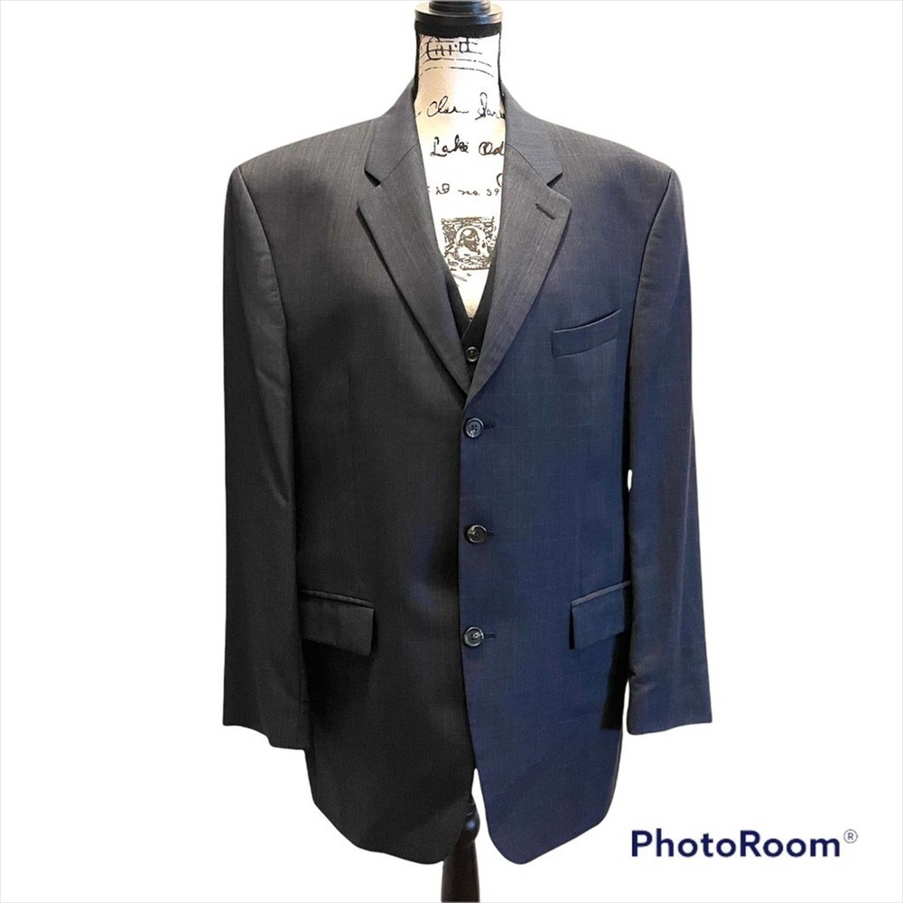 Ralph Lauren Suit Jacket Vest Blazer 2pc Sport Coat Navy Blue Size 43R Plaid